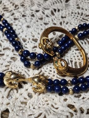 Kenneth Jay Lane For Avon Navy Blue Bead Necklace and Ram Head Bracelet Set